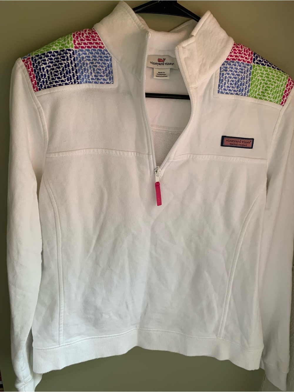 Vineyard Vines White Half-Zip Pullover with Multicolor Shoulder Patch